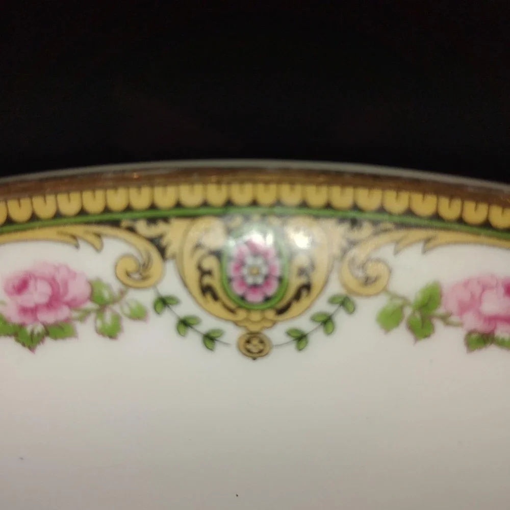 Antique U.C. Limoges Oval Bowl Serving Gilded Yellow Pink Floral Trim 2 handled‎